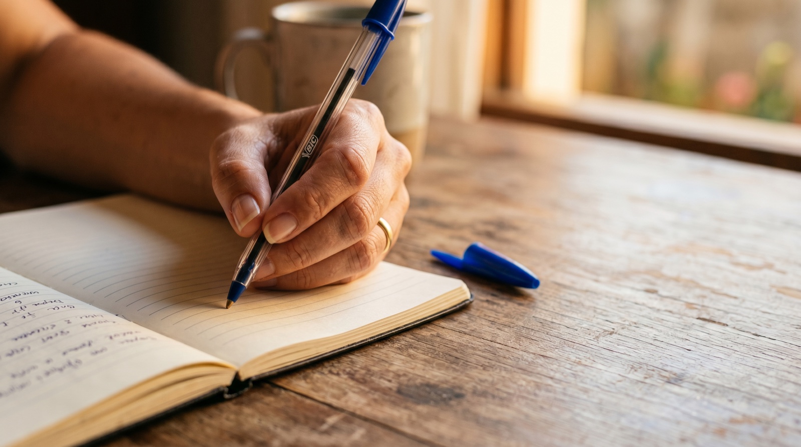 Mão escrevendo em diário de acompanhamento