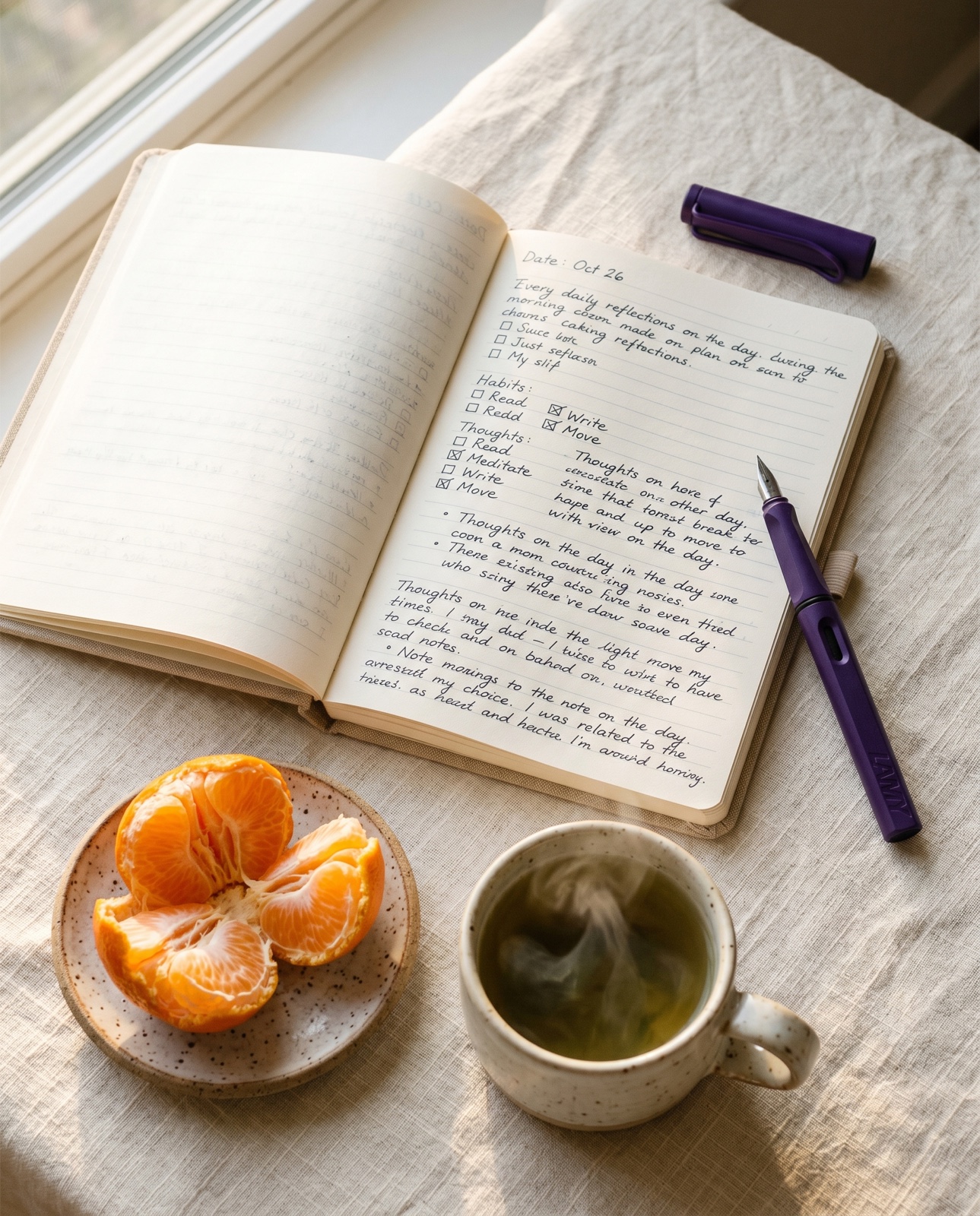 Diário aberto com xícara de chá e mexerica em mesa de madeira