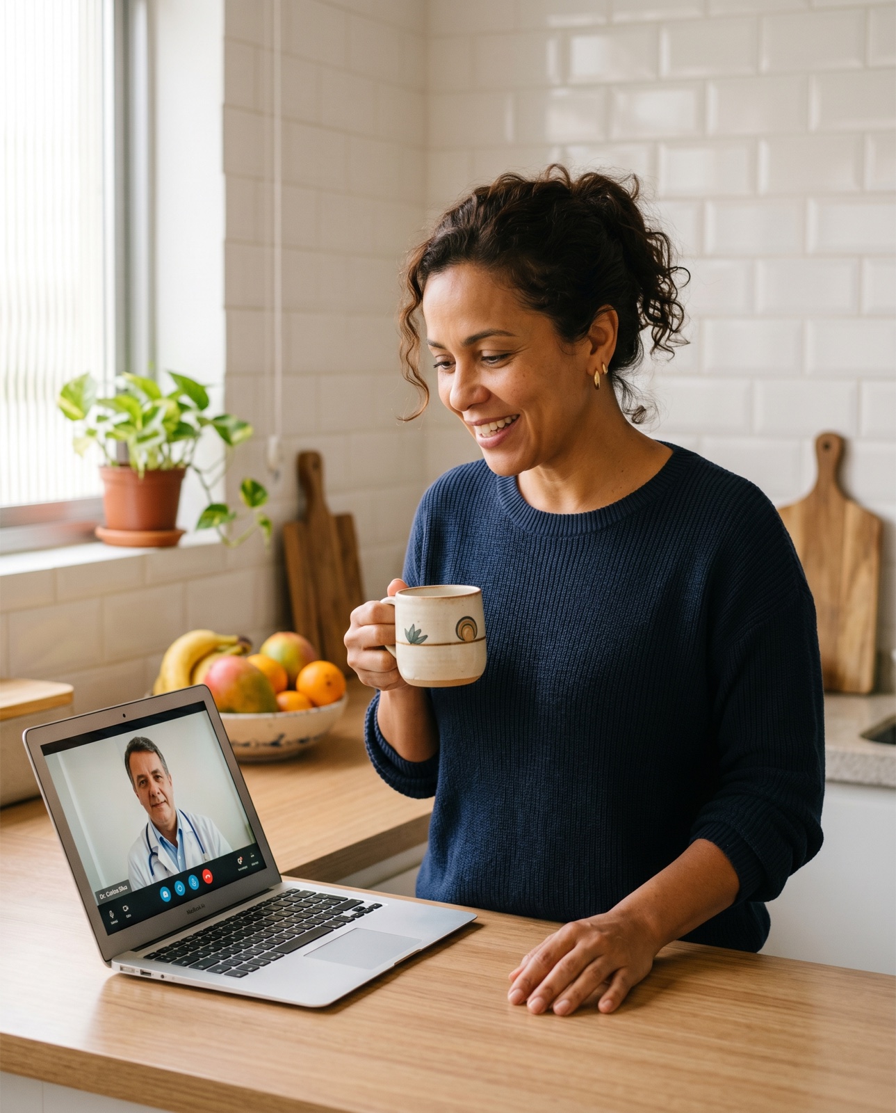 Mulher em videochamada de telemedicina no notebook em casa